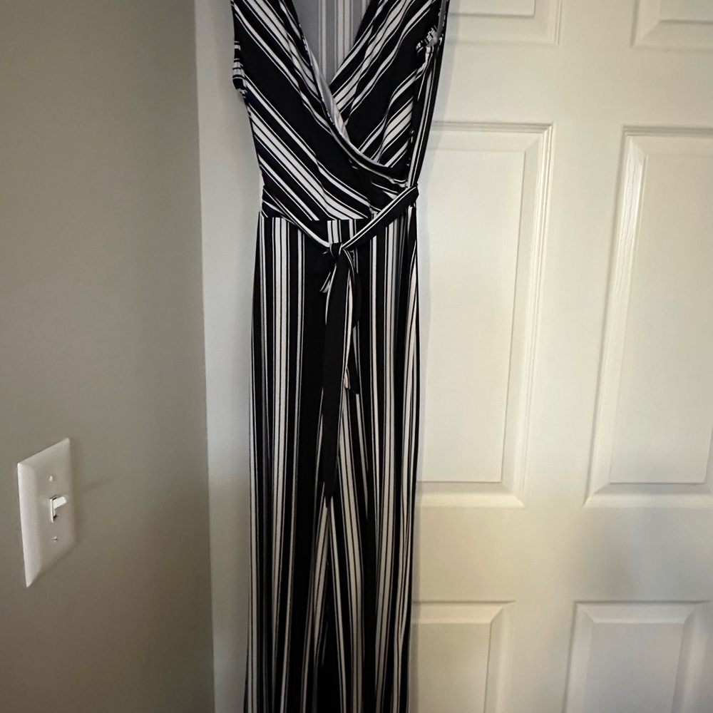 Nina Leonard Black and White Striped Jumpsuit